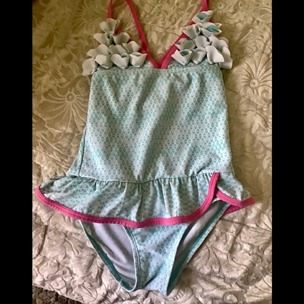 Floatimini swim suit size 6 blue pink with flowers little skirt pretty d…